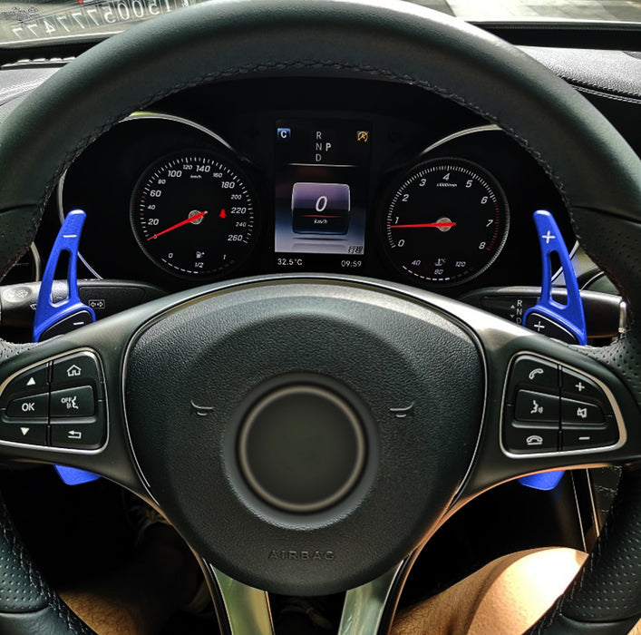 Blue Aluminum Steering Wheel Paddle Shifter Extensions For Mercedes C E CLA GLC