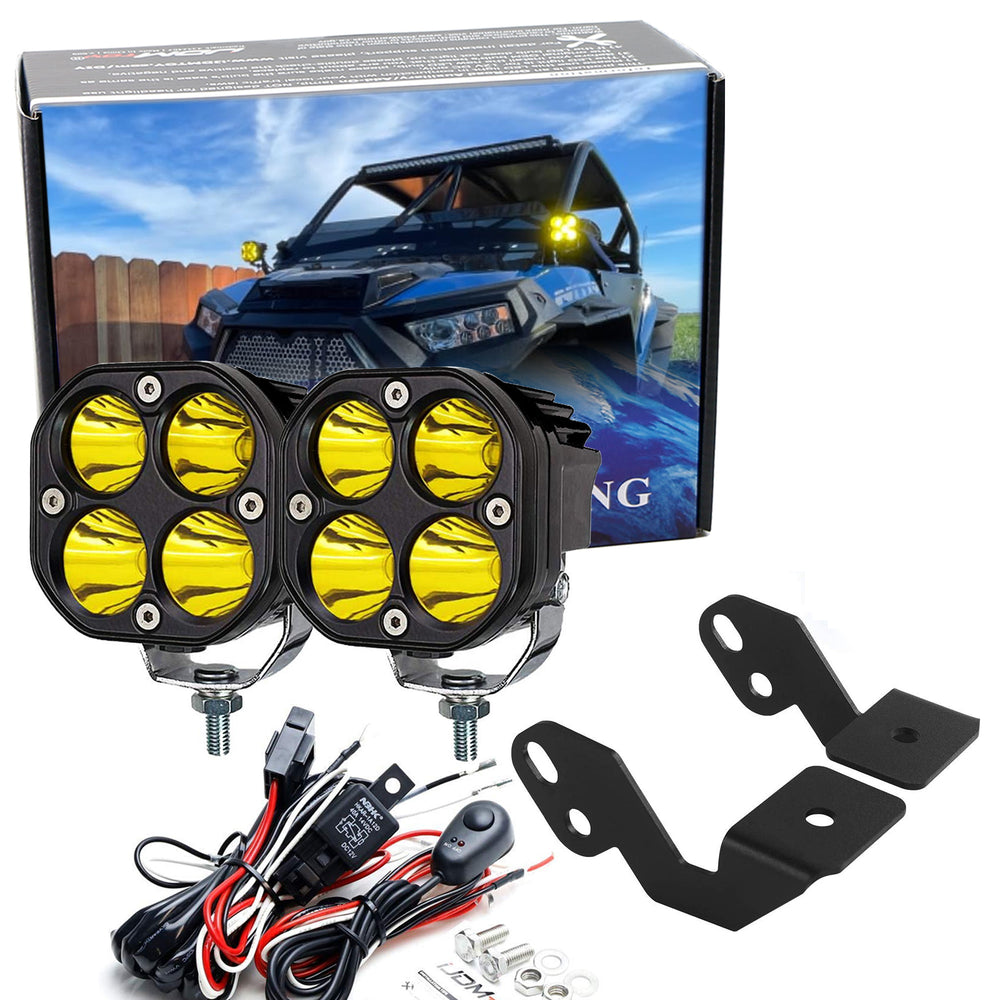 3000K Yellow 20W Round LED Ditch Light Kit w/Bracket, Relay For Polaris RZR ATV