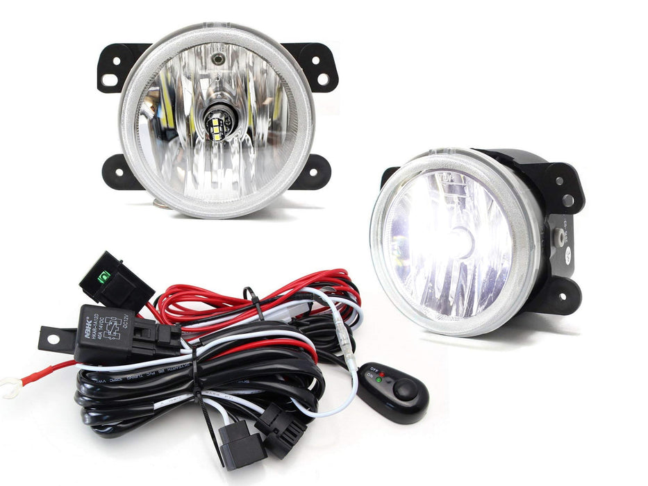 OE-Spec Clear Fog Lamps + White LED, Relay/Switch Combo For Dodge Jeep Chrysler