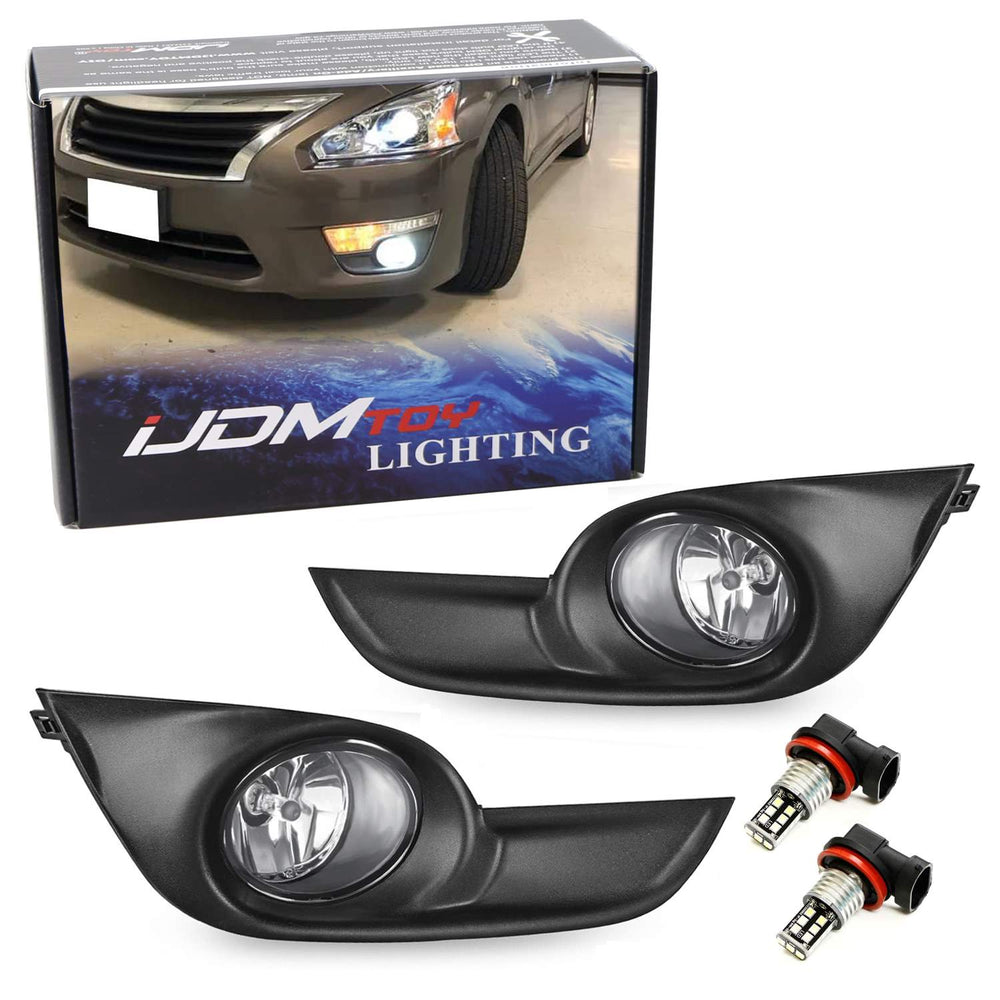 Clear Lens Fog Lights w/ White LED Blubs Bezel Covers, Wirings For 13-15 Altima