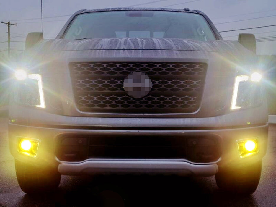 Yellow Clover Leaf LED Fog Light Kit w/OE Bezels, Relay For 2017-19 Nissan Titan