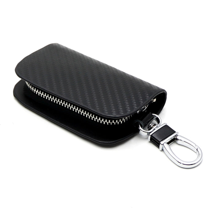 Large Black Dry Carbon Fiber Twill-Weave Pattern Leather Key Holder Cover Wallet