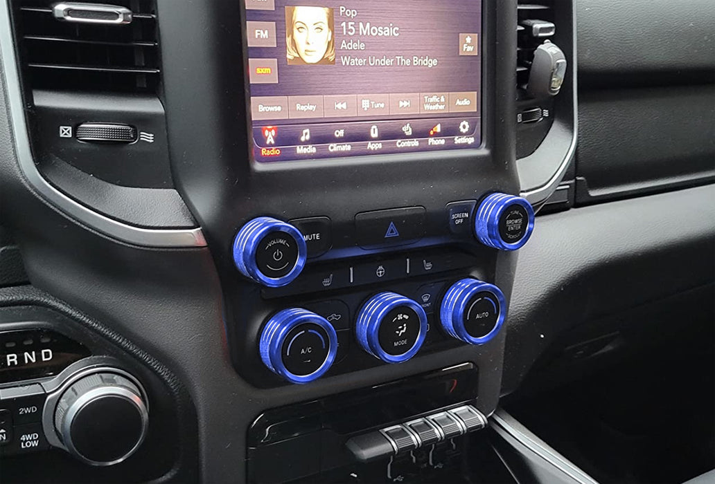 5pc Sports Blue Center AC/Stereo Volume Switch Ring Cover Trims For 2019-up RAM