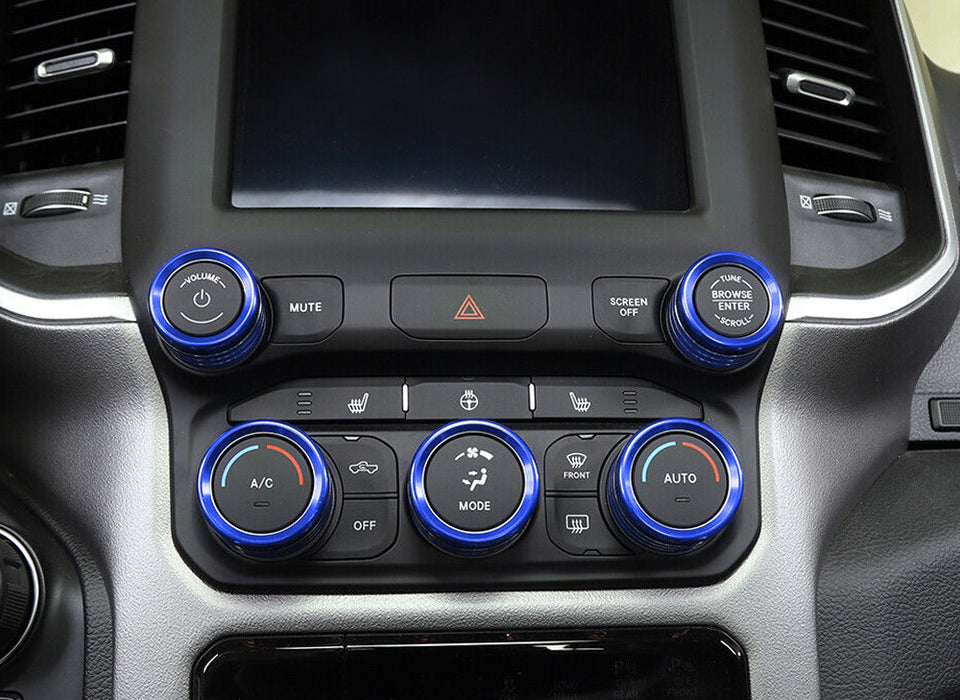 5pc Sports Blue Center AC/Stereo Volume Switch Ring Cover Trims For 2019-up RAM