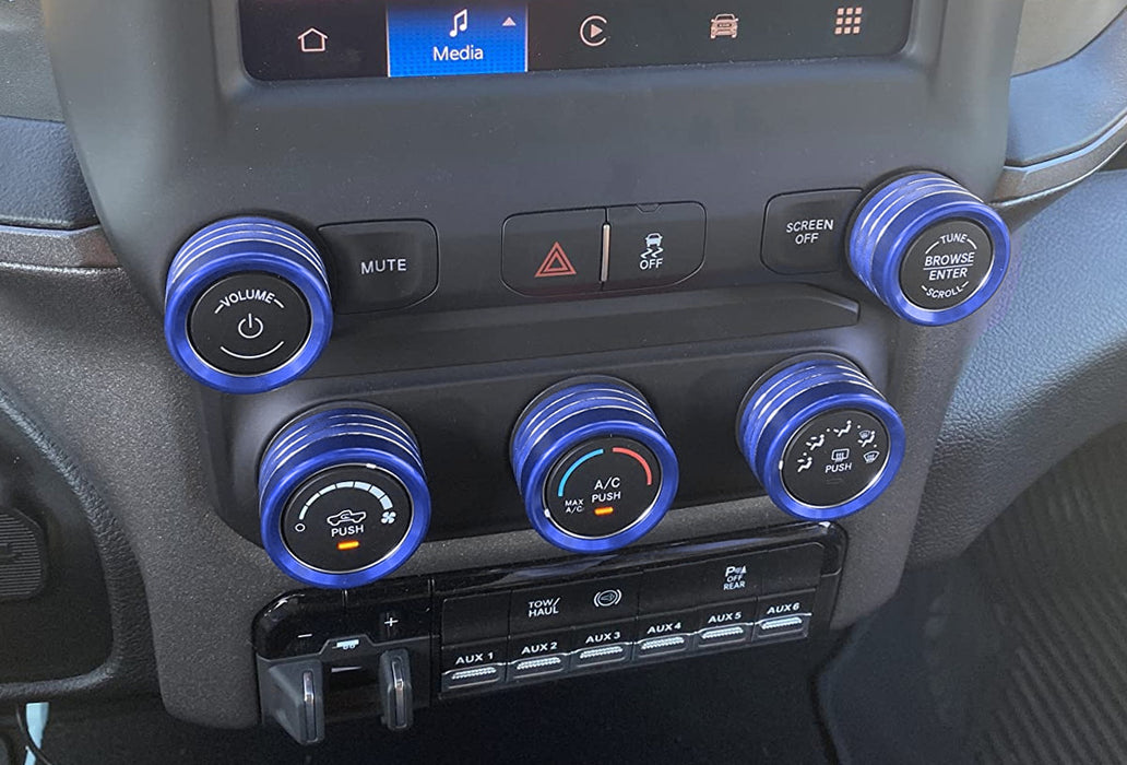 5pc Sports Blue Center AC/Stereo Volume Switch Ring Cover Trims For 2019-up RAM