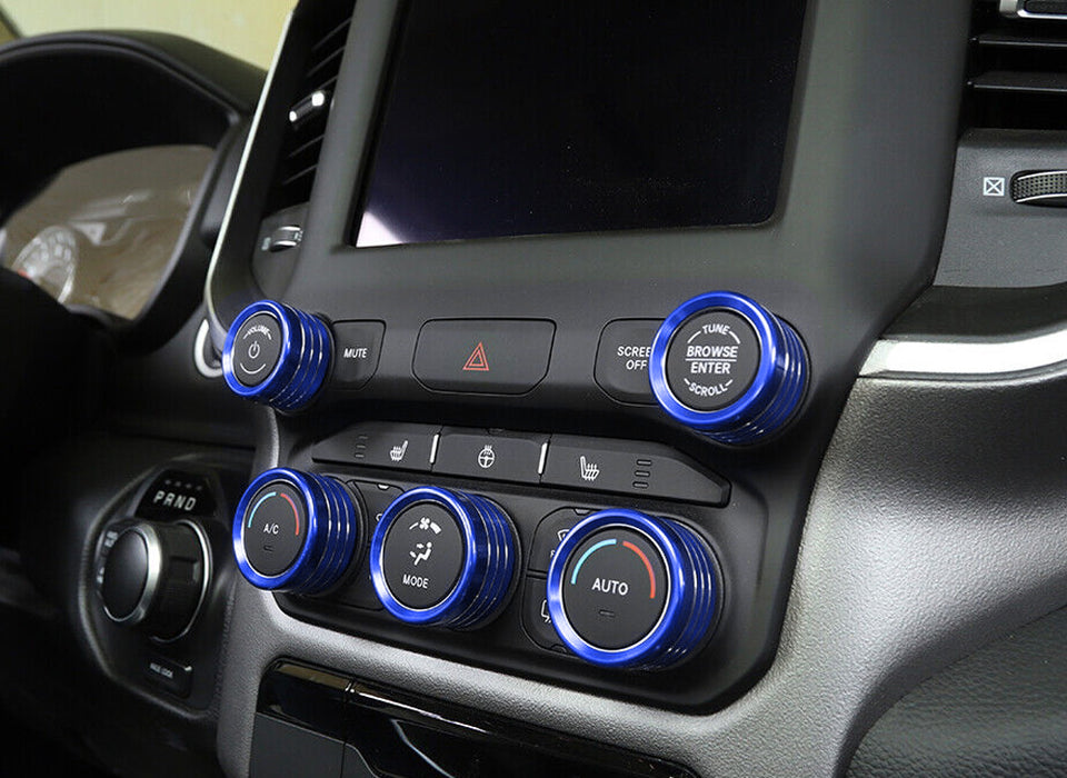 5pc Sports Blue Center AC/Stereo Volume Switch Ring Cover Trims For 2019-up RAM