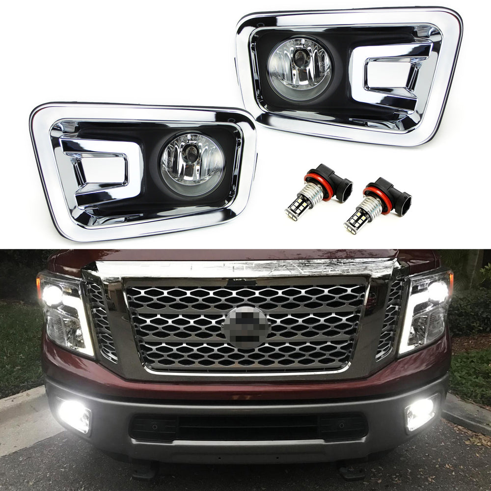 Chrome Bezel Clear Lens Fog Lamps w/White LED Light Bulbs For 17-19 Nissan Titan