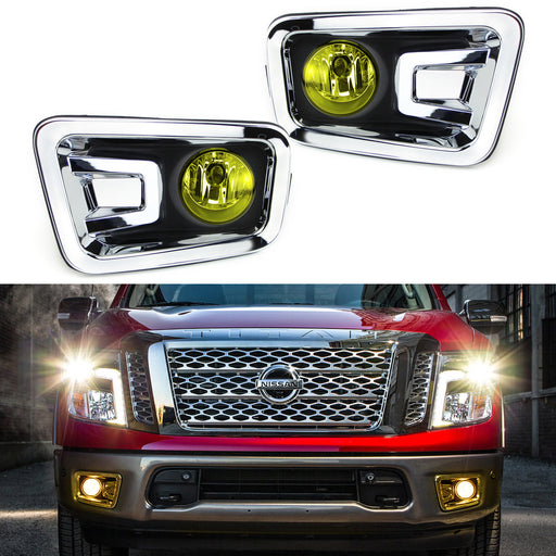 Chrome Bezel w/ Yellow Lens Fog Light Kit + Switch Wiring For 17-19 Nissan Titan