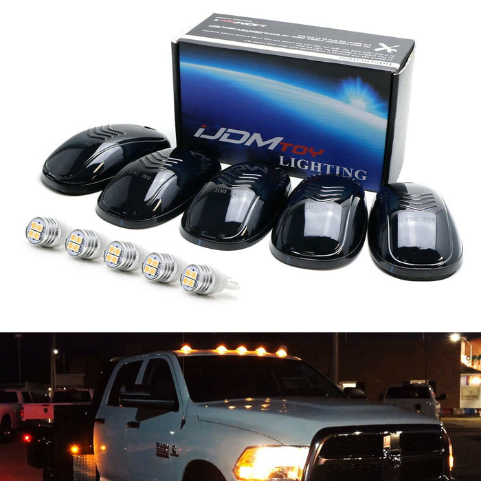 5pc Set Smoked Lens Truck Cab Roof Lights w/ Amber LED Bulbs For Truck SUV 4x4