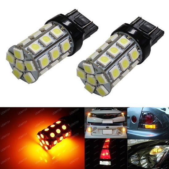 (2) Amber Yellow 27-SMD 7440 7443 LED Bulbs For Turn Signal, Backup DRL Lights