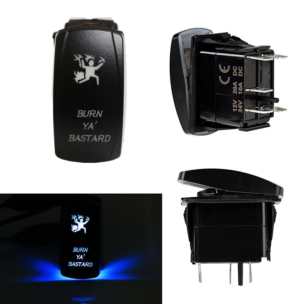 Burn Ya' Bastard 5-Pin SPST ON/OFF Blue LED Indicator Rocker Switch For Fog Lamp