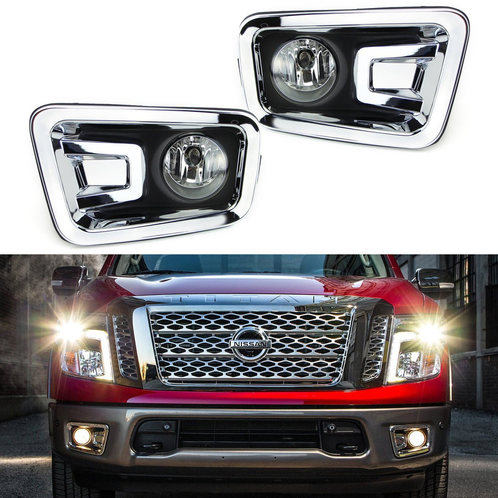 Chrome Bezel w/ Clear Lens Fog Light Kit + Switch Wiring For 17-19 Nissan Titan