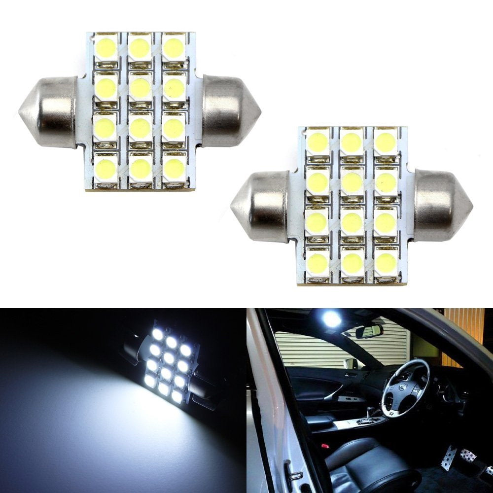 (2) White 12-SMD LED Bulbs For Car Interior Dome Lights 1.25" 31mm DE3175 DE3022