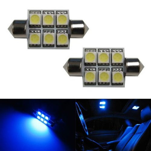 (2) Blue 6-SMD LED Bulbs For Car Interior Dome Lights, 1.50" 36mm 6411 DE3425