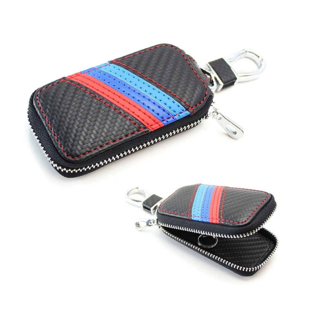 (1) M-Colored Stripe Carbon Fiber Pattern Leather Key Holder Cover For BMW Fans