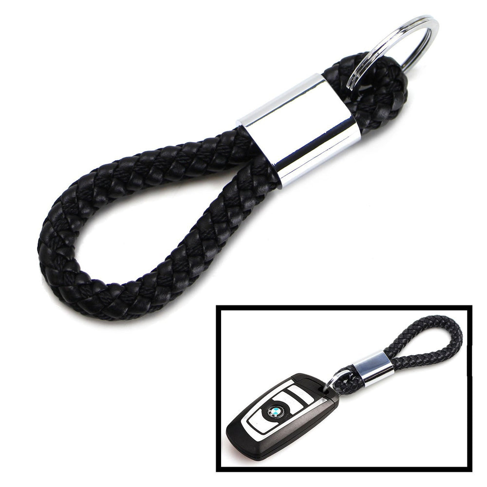 (1) Black Braided Leather Strap Keychain Ring For Car Key, Key Fob