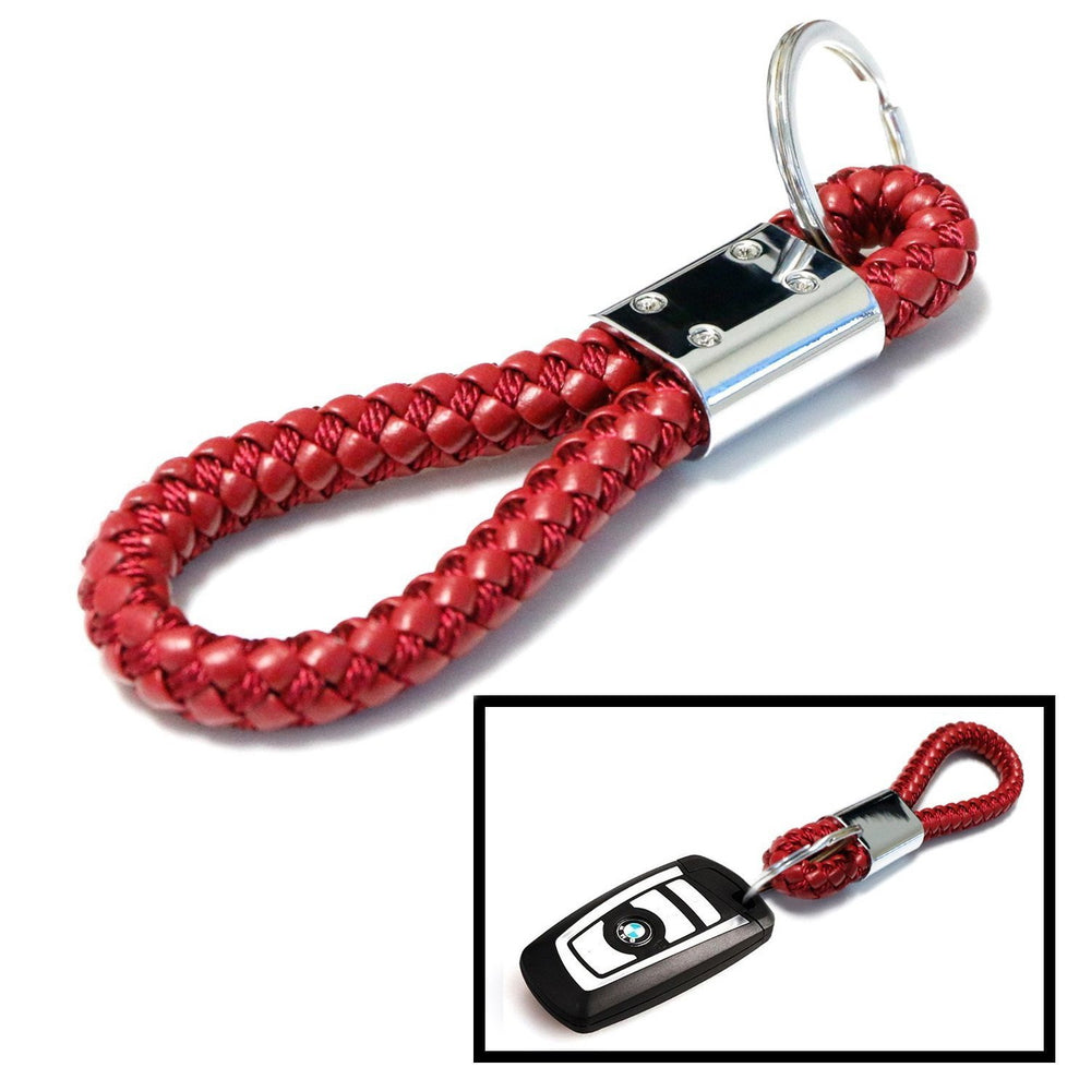 (1) Red Braided Leather Strap Keychain Ring For Car Key, Key Fob