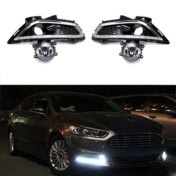 LED Daytime Running Lamps w/ Fog Lights Bezel Cover Wiring For 13-16 Ford Fusion