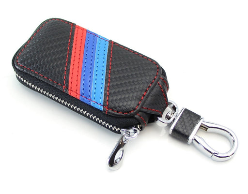 (1) M-Colored Stripe Carbon Fiber Pattern Leather Key Holder Cover For BMW Fans