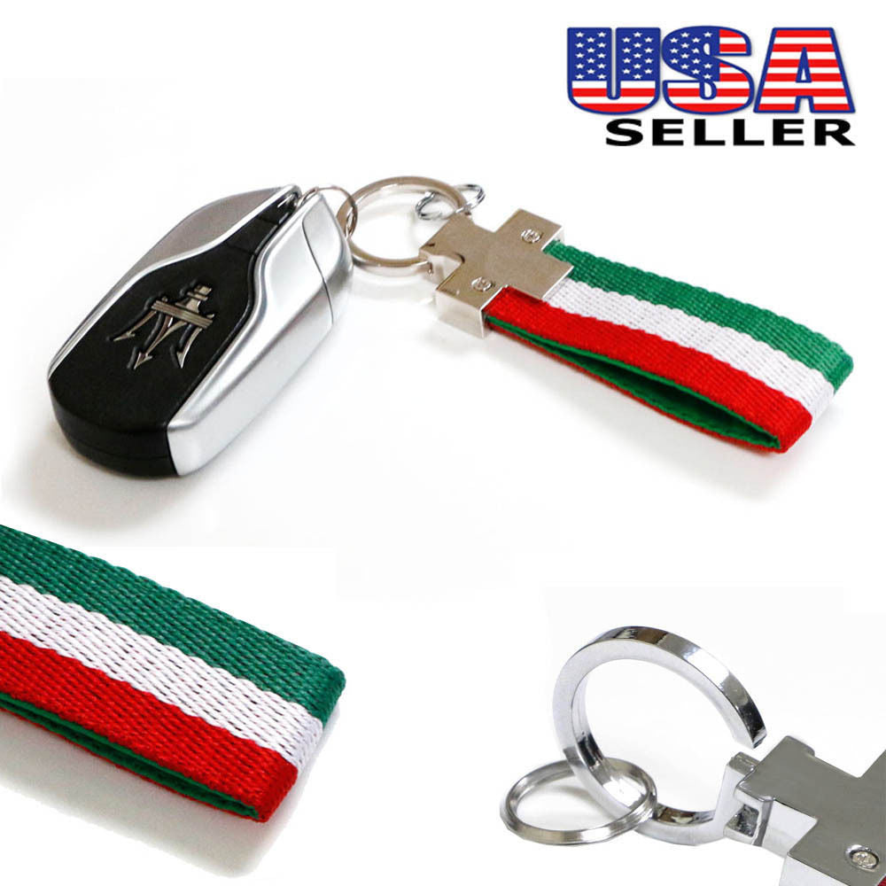 Euro Italian Flag Stripe Nylon Band w/ Inner Leather Key Fob Chain Keychain Ring