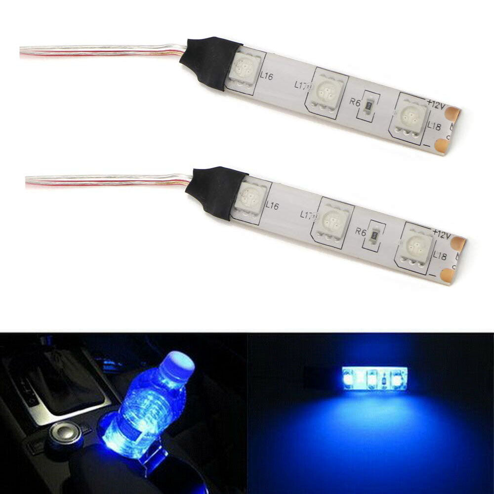 3-SMD Blue LED Strip Lights For Cup Holder Gauge Cluster Glove Box Foot Area