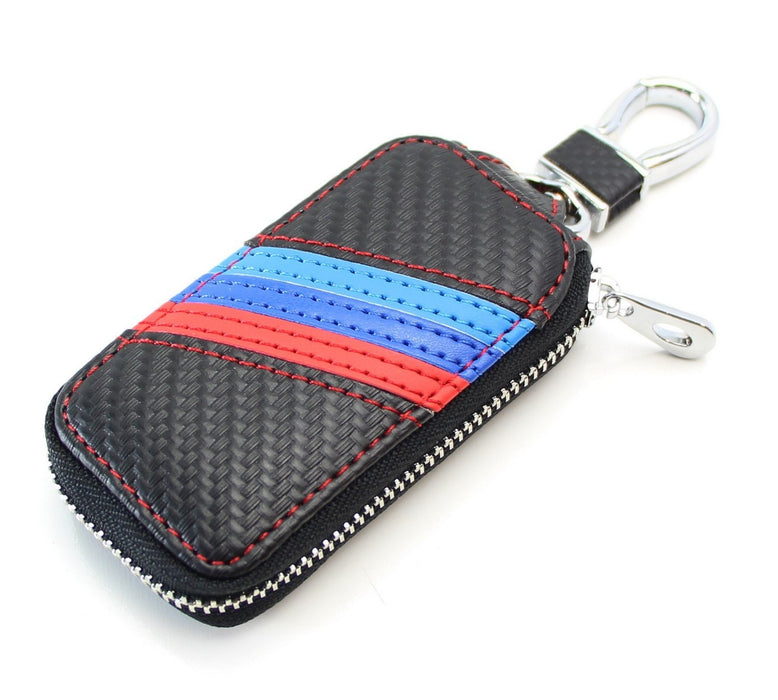 (1) M-Colored Stripe Carbon Fiber Pattern Leather Key Holder Cover For BMW Fans