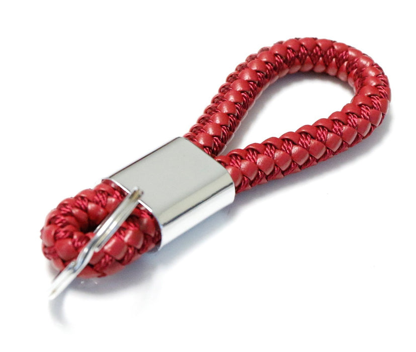 (1) Red Braided Leather Strap Keychain Ring For Car Key, Key Fob