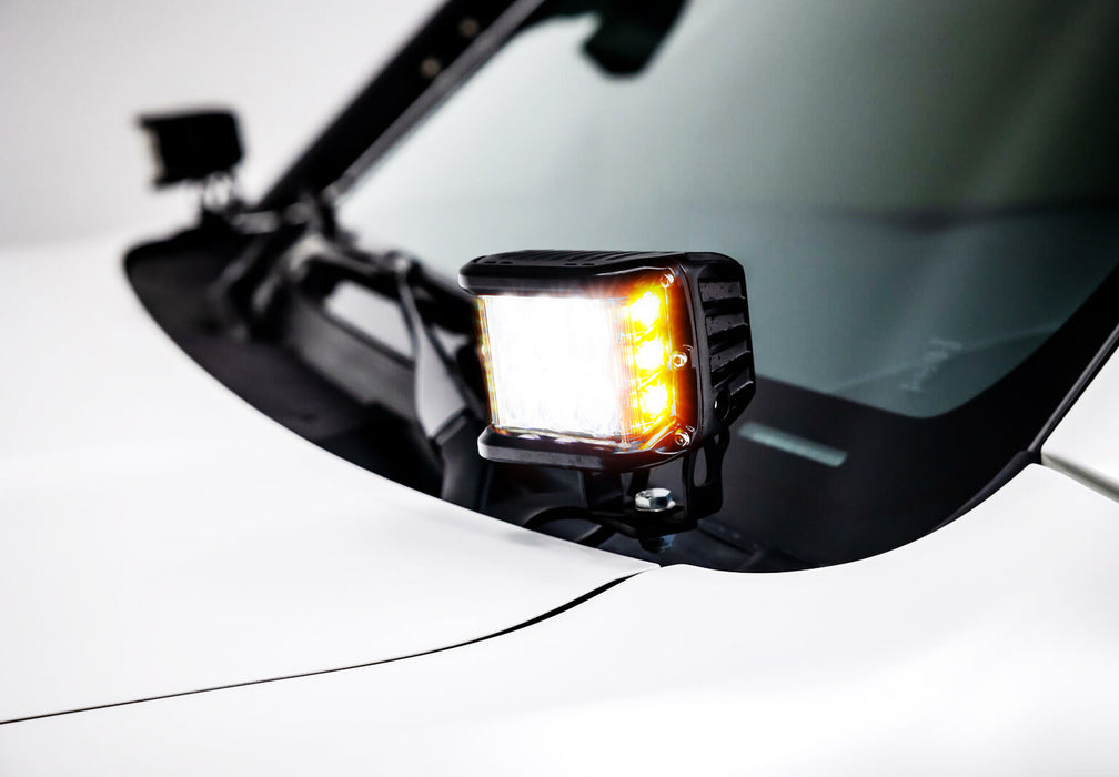 36W White LED A-Pillar SS Pod Light Kit w/Amber Strobe For 14-22 Toyota 4Runner