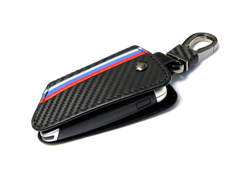 M-Colored Stripe Carbon Fiber Leather Key Holder For BMW X1 X4 X5 X6 5 7 Series