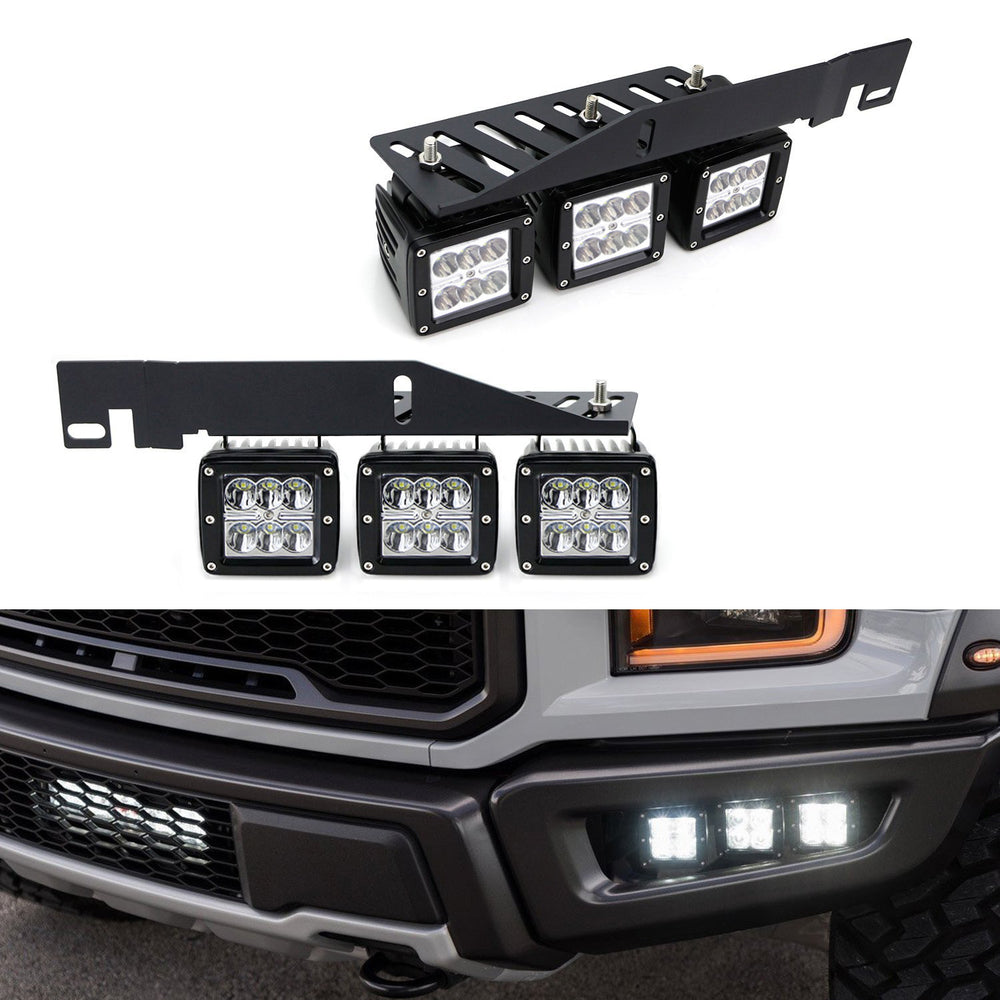 144W Triple LED Fog Light Kit w/ Lower Bumper Bracket/Wiring For 17+ Ford Raptor