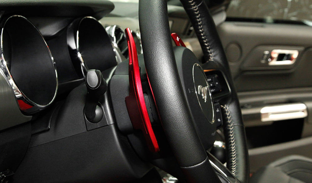 Red Aluminum Steering Wheel Paddle Shifter Extensions For 2015-23 Ford Mustang