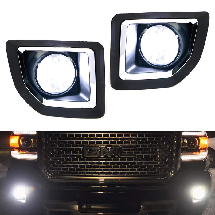 Clear Lens White LED Fog Lights w/Bezel Cover Wiring For 15-19 GMC Sierra 2500HD