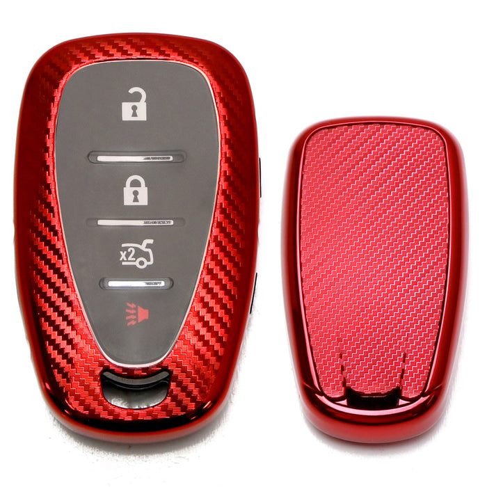 Red w/Carbon Fiber TPU Key Fob Protective Case For Chevry 16-up Camaro Malibu...