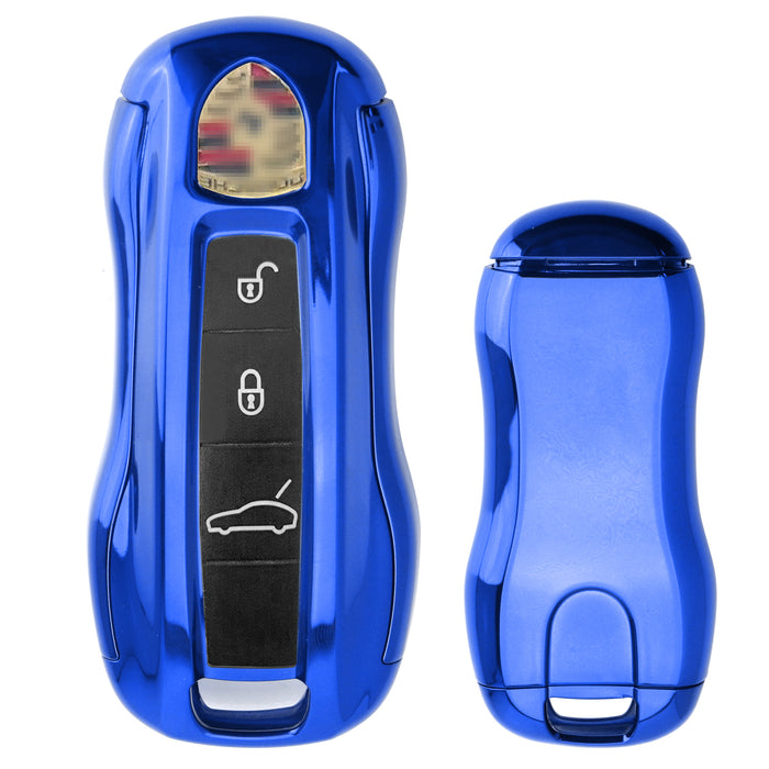 Blue TPU Key Fob Cover w/ Button Cover Panel For 2017-up Porsche Panamera G2