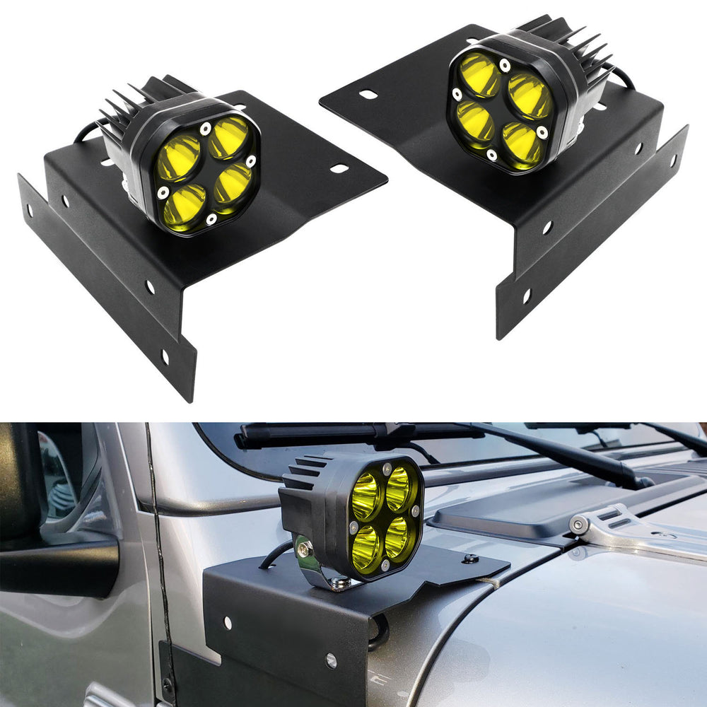 A-Pillar Yellow LED Pod Lights w/Bracket, Relay For 18+ Jeep Wrangler/Gladiator