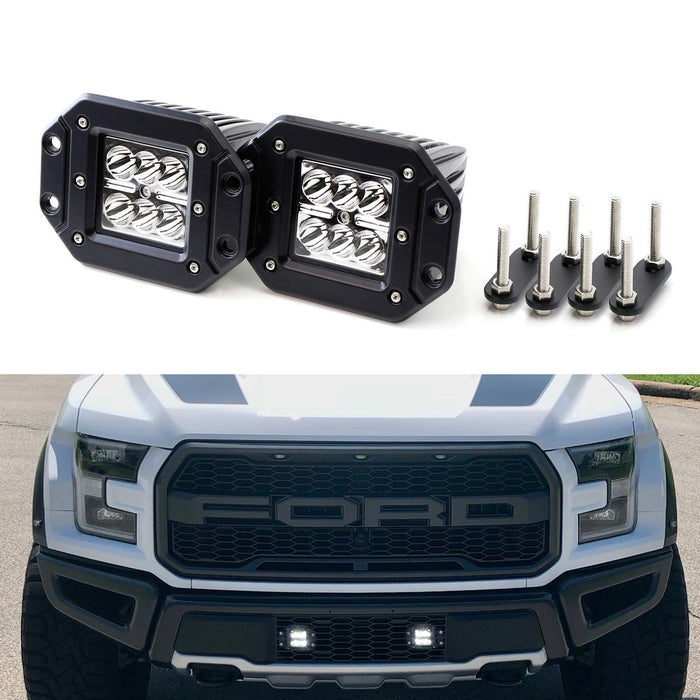 White 48W CREE LED Flush Mount Pod Lights w/ Behind Grille Brackets, Wiring Kit