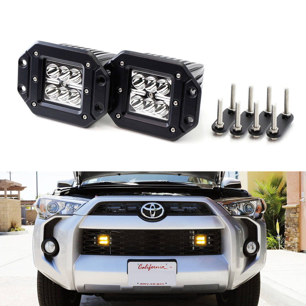 Amber 48W CREE LED Flush Mount Pod Lights w/ Behind Grille Brackets, Wiring Kit