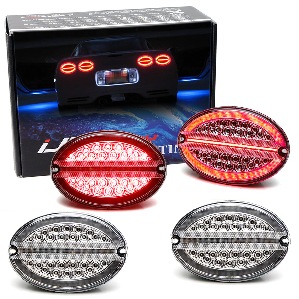 Clear/Chrome Full LED Halo/Laser Tail Lamps w/Hyper Flash Bypass For C5 Corvette