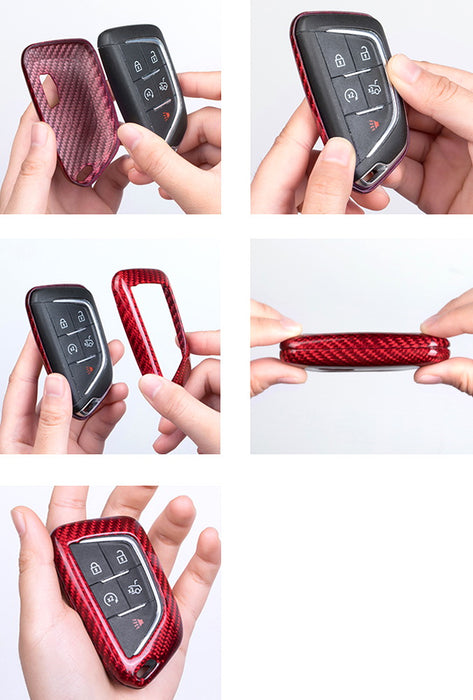 Real Carbon Fiber Red Key Fob Shell Case For Cadillac Escalade ATS CTS DTS XTS..