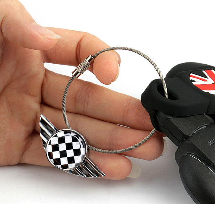 Black/White Checkered Pattern Wing Shape Key Chain Ring Keychain For MINI Cooper