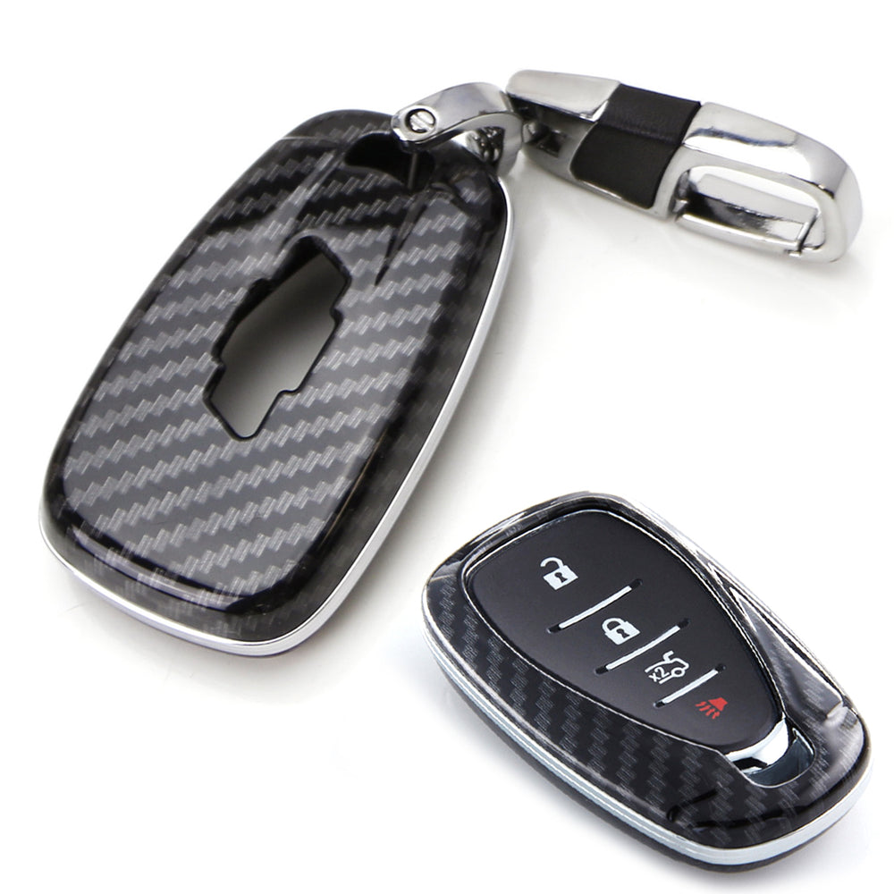 Glossy Black "Carbon Fiber" Pattern Exact Fit Key Fob Shell w/Keychain For Chevy