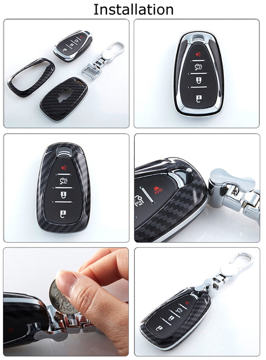 Glossy Black "Carbon Fiber" Pattern Exact Fit Key Fob Shell w/Keychain For Chevy