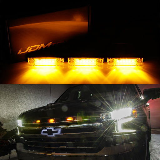 3pcs Smoke Lens Amber LED Center Grille Lights w/Bracket For 19+ Chevy Silverado