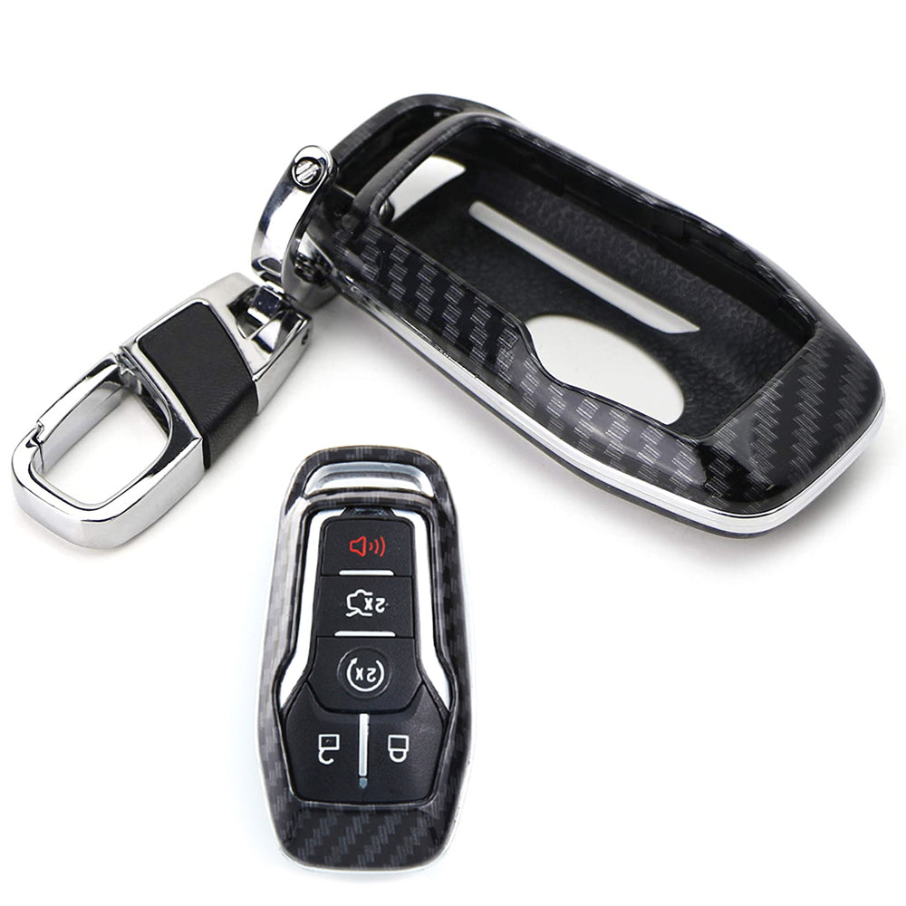 gloss metallic carbon fiber pattern key fob shell with keychain for Ford Lincoln