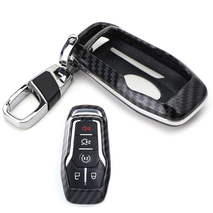 gloss metallic carbon fiber pattern key fob shell with keychain for Ford Lincoln