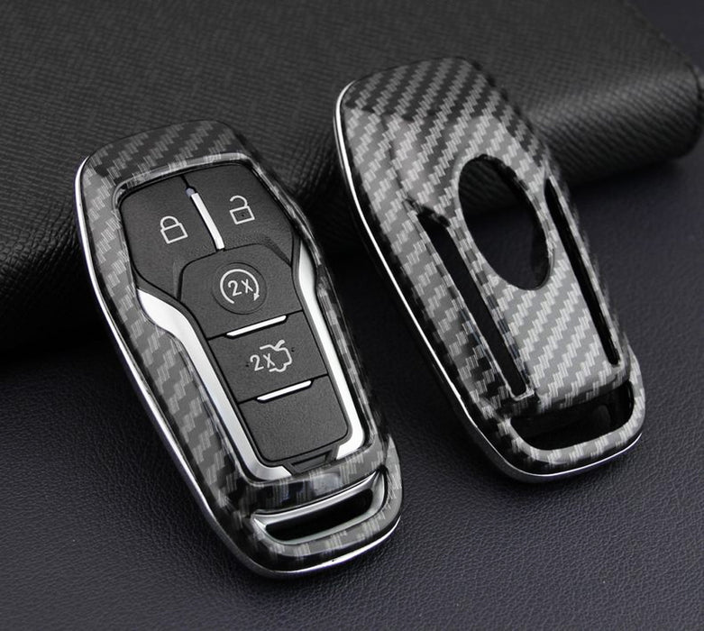 Black Glossy "Carbon Fiber" Pattern Key Fob Shell w/ Keychain For Ford Lincoln