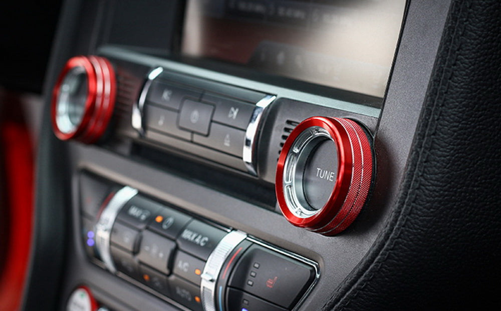 2pcs Red Stereo Audio Vol Control Switch Knob Ring Covers For 15-23 Ford Mustang