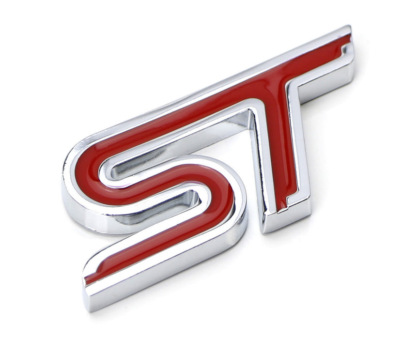 Alloy Red ST Sport Technologies Badge w/Adhesive Back For Ford Trunk Lid, Fender