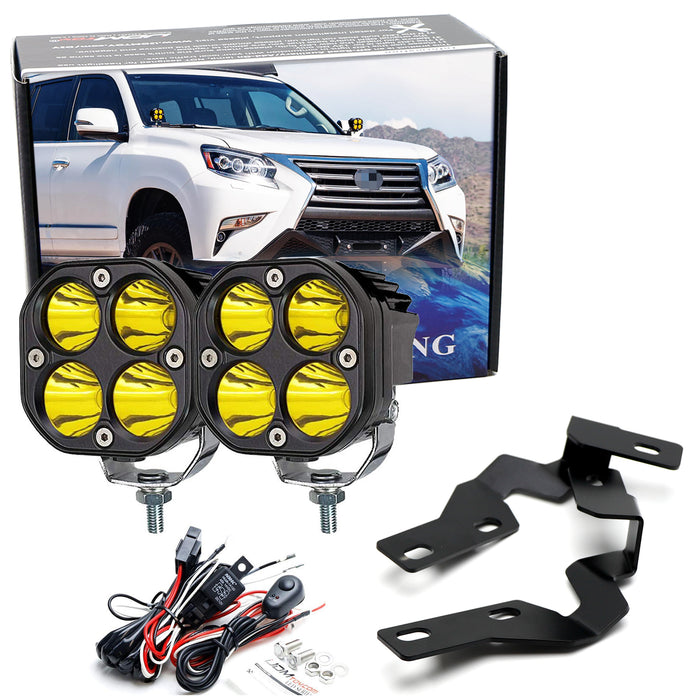 Yellow LED Ditch Light Kit w/ A-Pillar Mount Bracket/Relay For 10-23 Lexus GX460