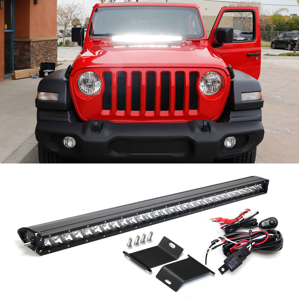 150W 30" LED Light Bar w/ Front Hood Top Bracket Wiring For 18+ Jeep Wrangler JL